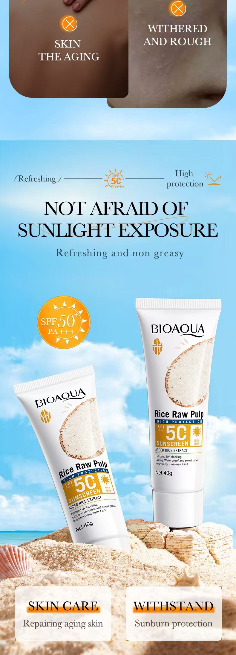 The new facial gloss control sunscreen SPF 50-50ml provides immediate and effective sun protection. The face and whole body are usable. It provides long-lasting and immediate sun protection
