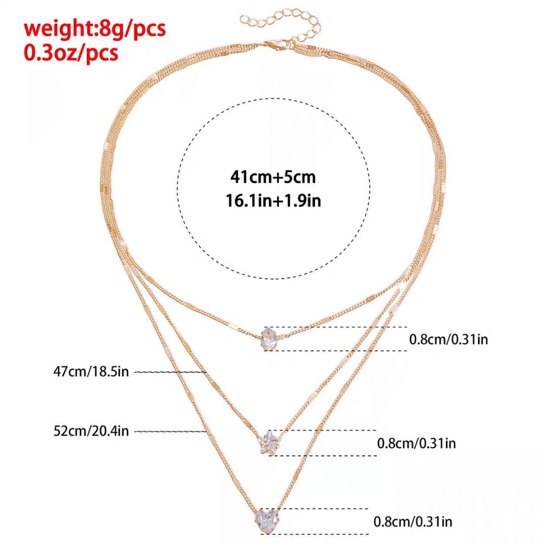 Ladies' necklace with three layers of zircon pendantladies' heart-shaped water droplet pendant collarbone chain jewelry gift fashionable necklace， worn three layers every day
