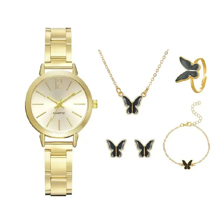 New Arrival6PCS Women's Watch Earrings Necklace Bracelet Set Women's Butterfly Jewelry Set Women's Watch with Quartz Watch Women's Butterfly Watch Set