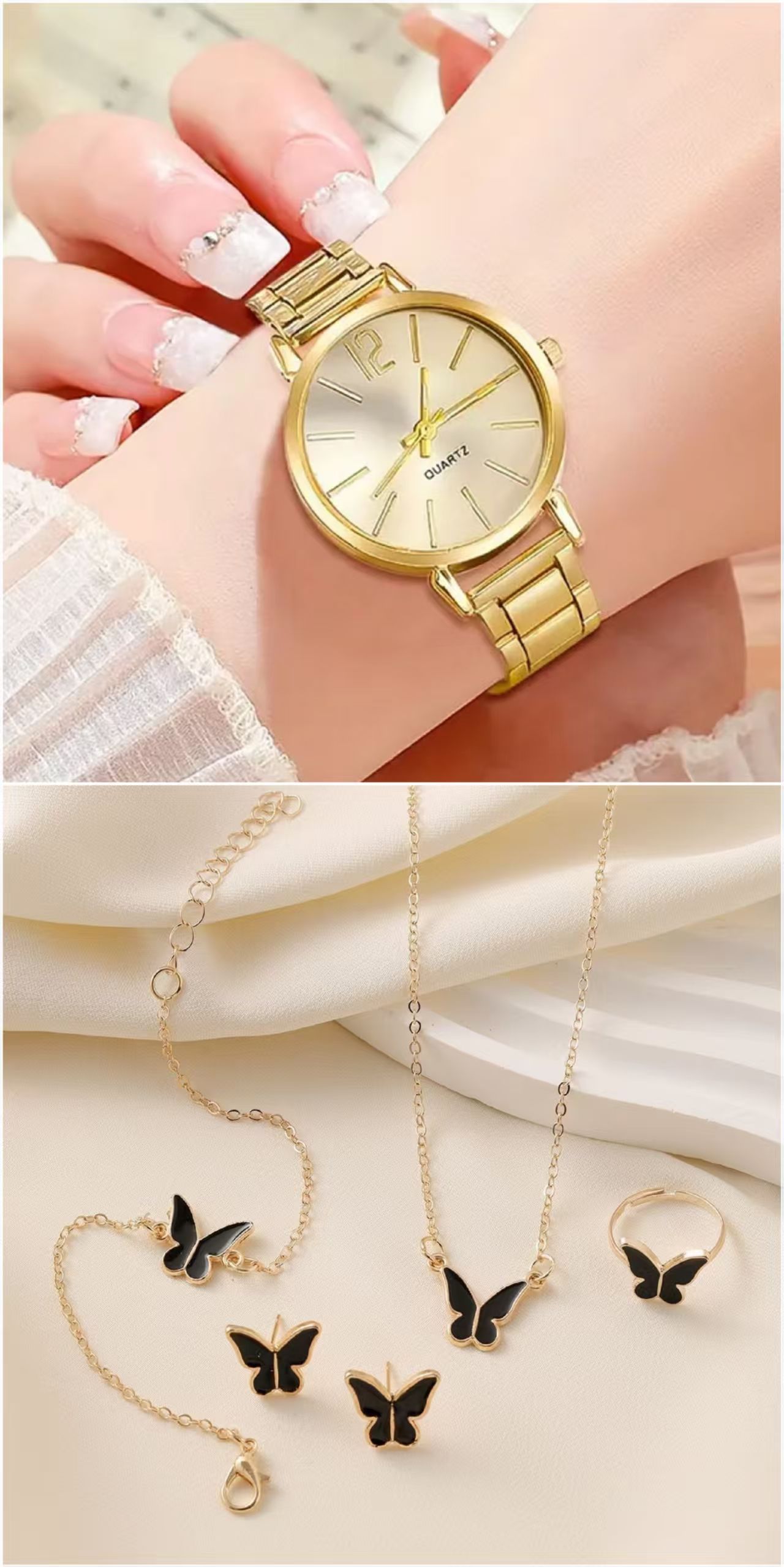 New Arrival6PCS Women's Watch Earrings Necklace Bracelet Set Women's Butterfly Jewelry Set Women's Watch with Quartz Watch Women's Butterfly Watch Set