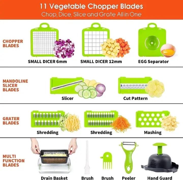 16-Piece Set Kitchen Vegetable Chopper | High-Performance Mandoline Vegetable Slicer & Dicer with Stainless Steel Blades-Peeler-Hand Guard and Brushes | Veg,Onion, Salad Complete Food Cutter Set