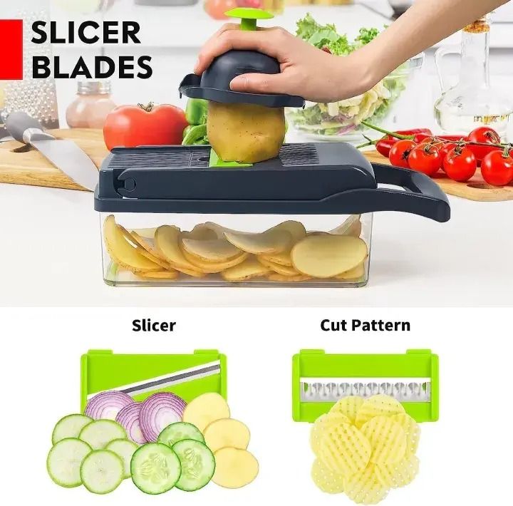 16-Piece Set Kitchen Vegetable Chopper | High-Performance Mandoline Vegetable Slicer & Dicer with Stainless Steel Blades-Peeler-Hand Guard and Brushes | Veg,Onion, Salad Complete Food Cutter Set
