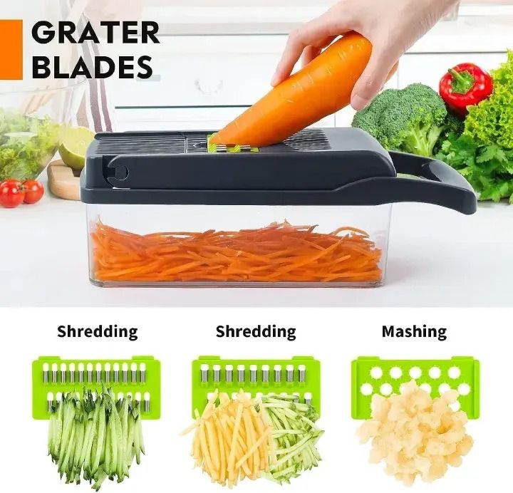 16-Piece Set Kitchen Vegetable Chopper | High-Performance Mandoline Vegetable Slicer & Dicer with Stainless Steel Blades-Peeler-Hand Guard and Brushes | Veg,Onion, Salad Complete Food Cutter Set