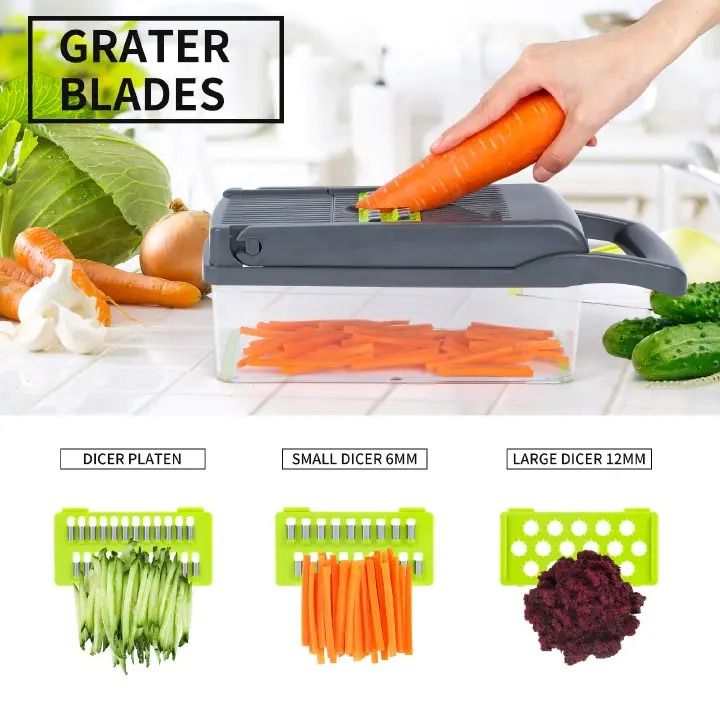 16-Piece Set Kitchen Vegetable Chopper | High-Performance Mandoline Vegetable Slicer & Dicer with Stainless Steel Blades-Peeler-Hand Guard and Brushes | Veg,Onion, Salad Complete Food Cutter Set