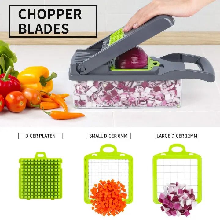 16-Piece Set Kitchen Vegetable Chopper | High-Performance Mandoline Vegetable Slicer & Dicer with Stainless Steel Blades-Peeler-Hand Guard and Brushes | Veg,Onion, Salad Complete Food Cutter Set