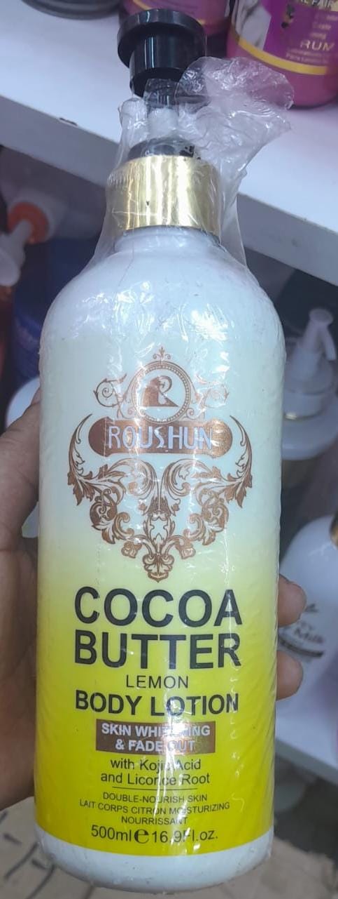 Roushun COCOA BUTTER, KOJIC, LEMON & LICORICE Body Lotion. Fades spots, blemishes, Scars, Softens, Moisturizes & Smooths,