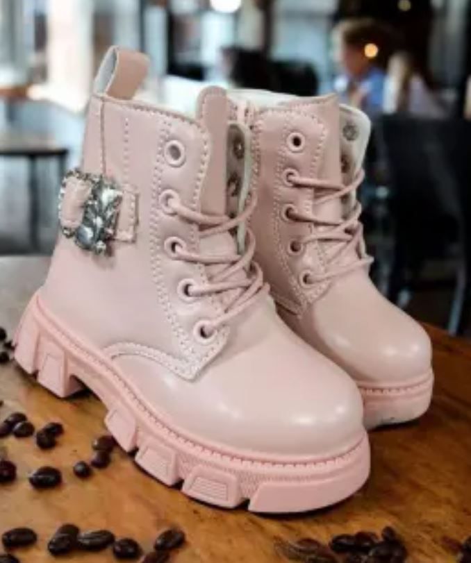 Children's Fashion Ankle Boots in Light Pink, grey, beige, peach, black and White. Toddler Girl's Lug Sole Boots with Buckle. Kids' Lace-up Boots with Rhinestone Buckle. Stylish multicolored Boots.