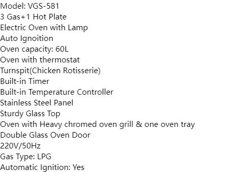 【hot】VOLSMART VGS-581-3G1E Free Standing 3 Gas Cooker+1 Hotplate With Electric Oven Cooker 4 Burners  3 Gas + 1 Electric With Electric Oven Cooker