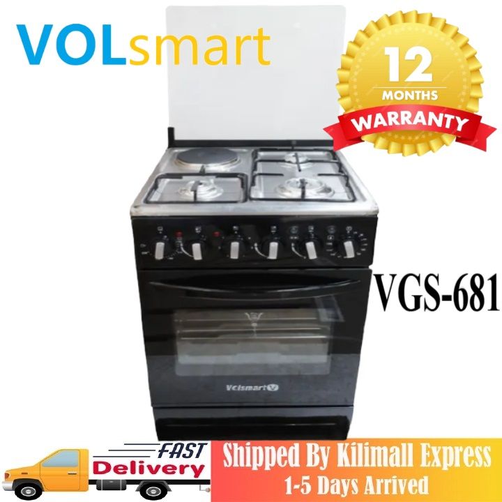 【hot】 Volsmart VGS-681 Gas Cooker 4 Burners Free Standing Gas Cooker Cooking Range with 80L Oven Electric 3 Gas + 1 Electric Plate, Free Standing Gas Cooker with Electric Oven 60*60