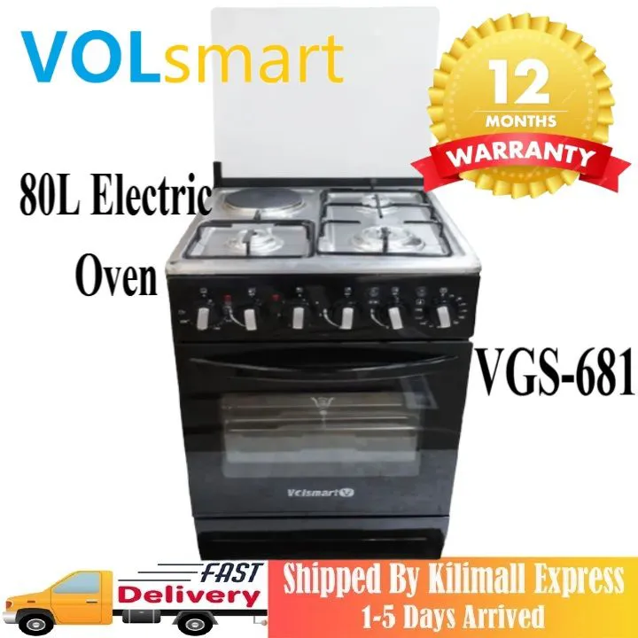【Special Offer】Volsmart VGS-681 Gas Cooker 4 Burners  Free Standing Gas Cooker Cooking Range with 80L Oven Electric 3 Gas + 1 Electric Plate, Free Standing Gas Cooker with Electric Oven 60*60