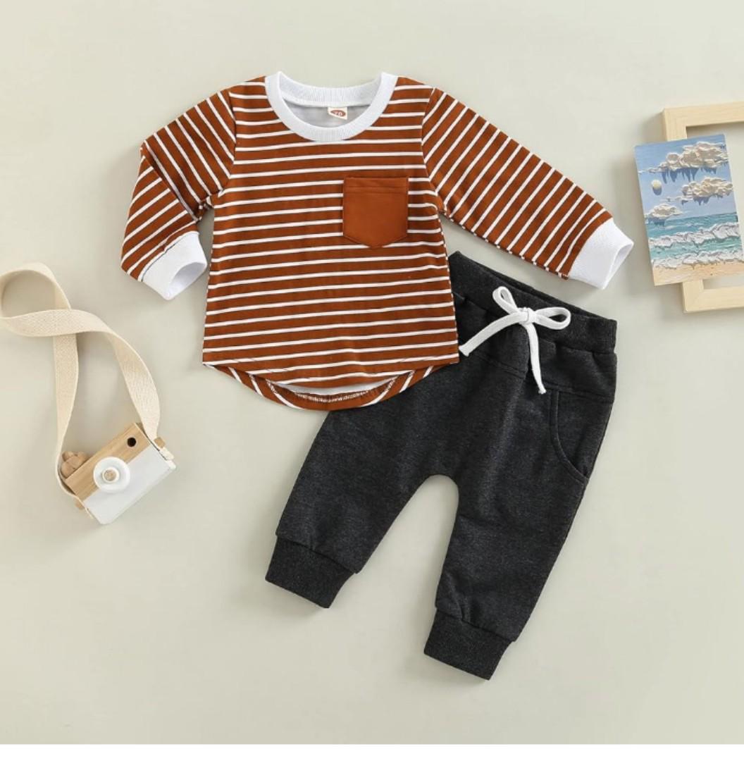 Baby Boy Clothes Long Sleeve Striped Crewneck T-Shirt Top + Solid Pants Set
