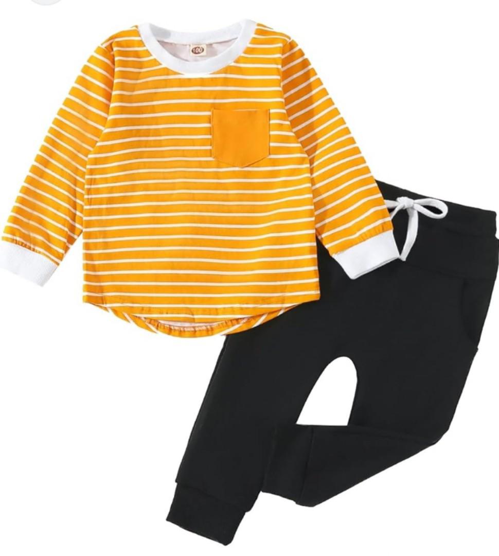 Baby Boy Clothes Long Sleeve Striped Crewneck T-Shirt Top + Solid Pants Set