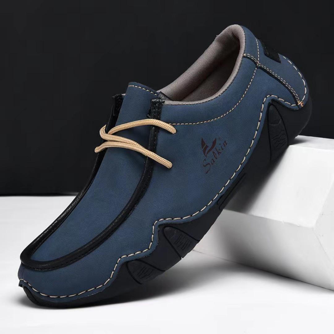 Salkin New Designer Men Loafers Handmade Lace-Up Casual Shoes Male Driving Shoes Lightweight Breathable Non-Slip Flat Leather Shoes For Men Outdoor Wear, Spring/Summer/Autumn