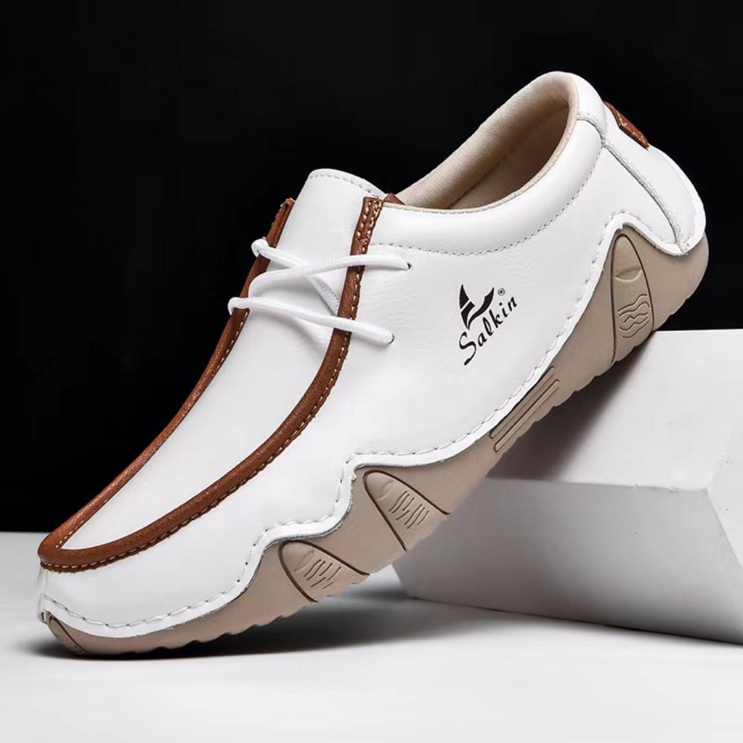 Salkin New Designer Men Loafers Handmade Lace-Up Casual Shoes Male Driving Shoes Lightweight Breathable Non-Slip Flat Leather Shoes For Men Outdoor Wear, Spring/Summer/Autumn