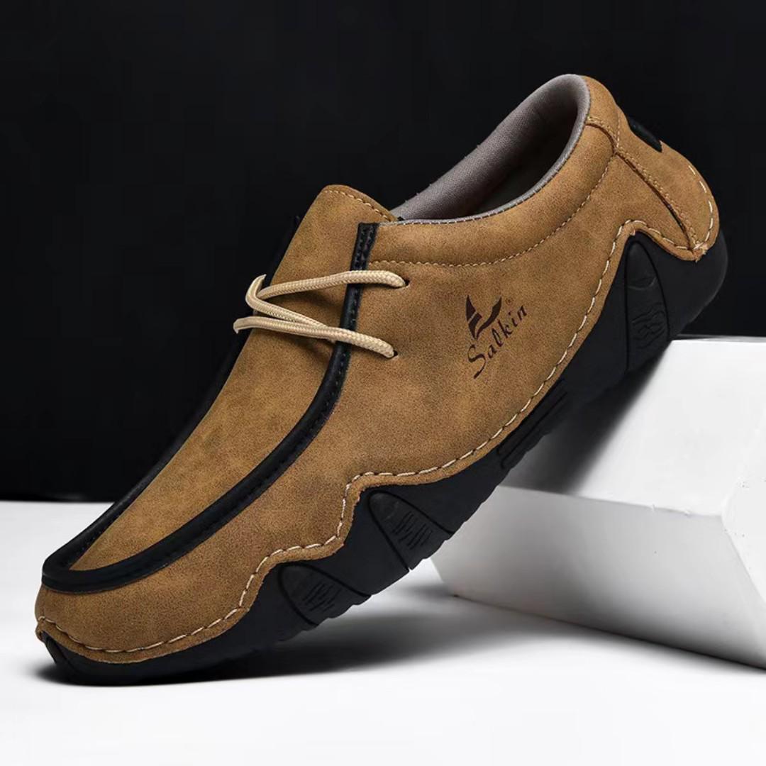 Salkin New Designer Men Loafers Handmade Lace-Up Casual Shoes Male Driving Shoes Lightweight Breathable Non-Slip Flat Leather Shoes For Men Outdoor Wear, Spring/Summer/Autumn