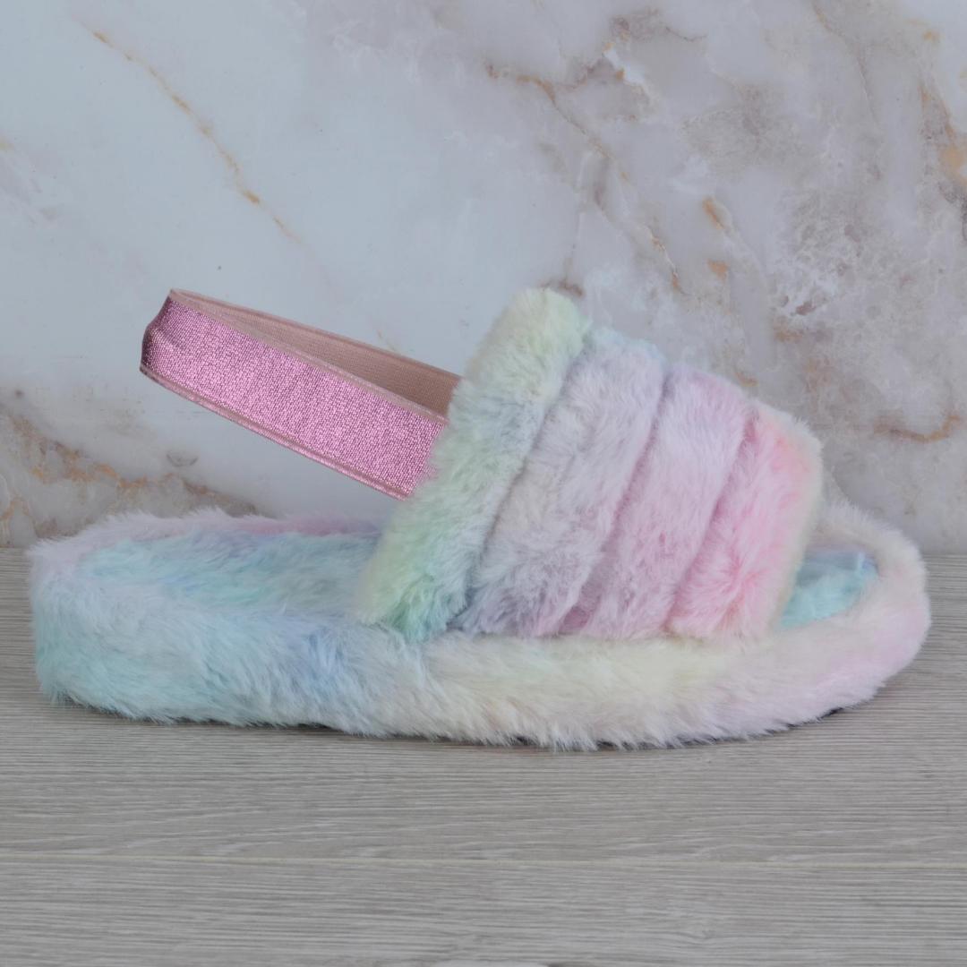 Premium Ladies Womens Faux Fur Slides – Fluffy Slip On Sliders Flat Walk with Arch Support Open Toe Slippers Sandals for Indoor Outdoor Use Winter/Summer