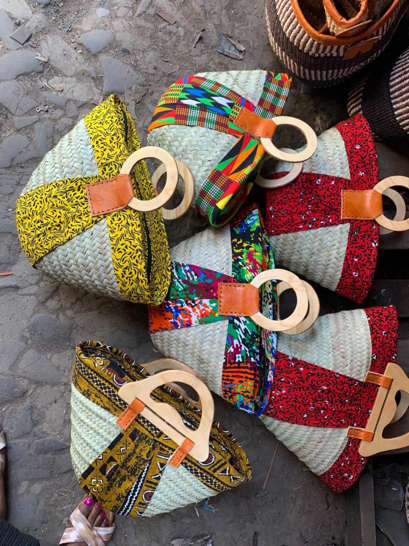 Eco-friendly Gift Bags Fashion African handwoven beach bag with ankara