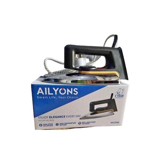AILYONS Quality Dry Iron Box With Titanium Teflon Non-stick Soleplate. . The design features a button groove making ironing along buttons and seams fast and easy