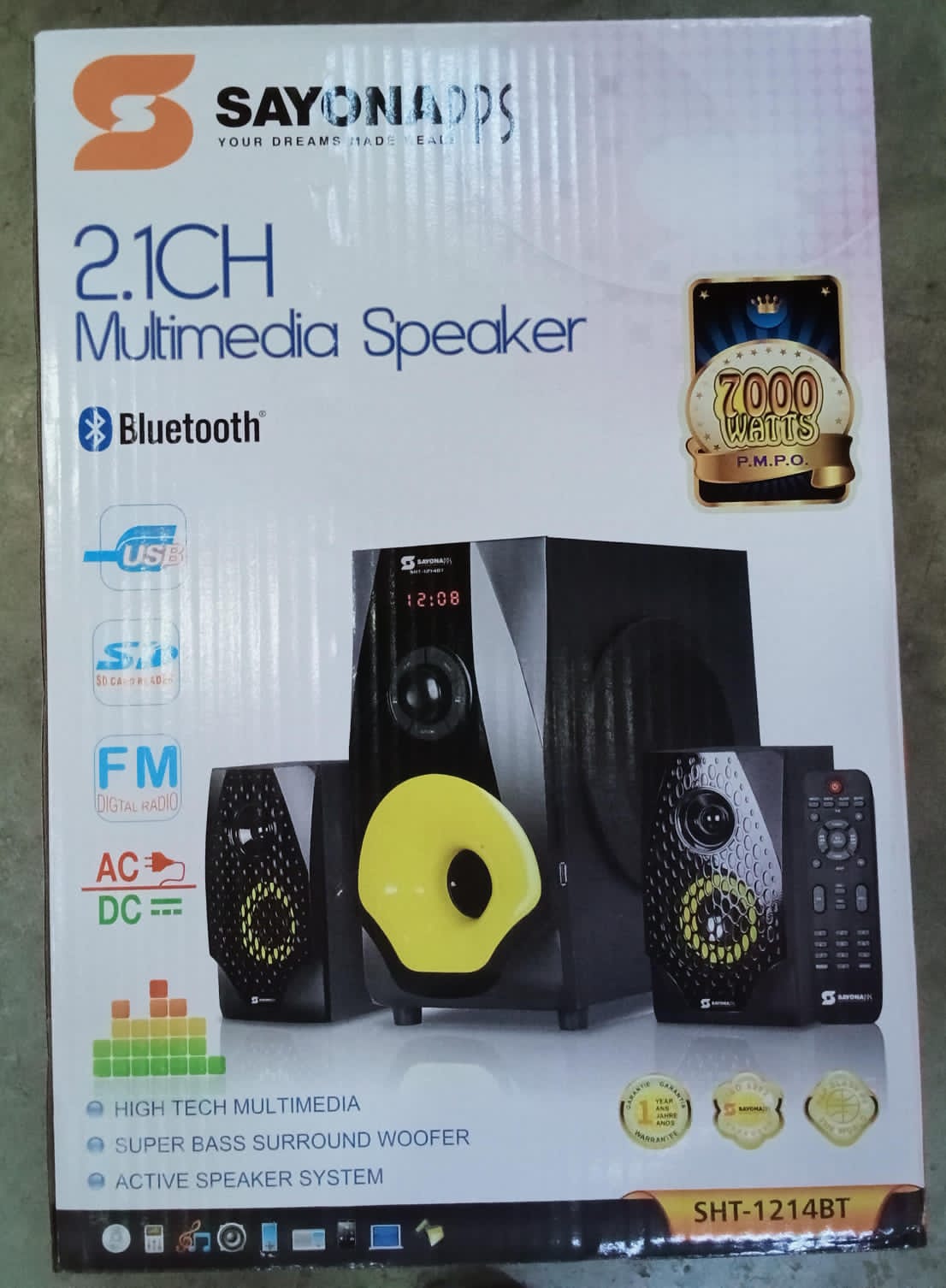 Sayona SHT-1218BT 3.1 😙🫢This Sayona woofer boasts of a bass system of 12000W output power. It comes with 3 speakers and a super bass surround system effect, giving you the best experience.