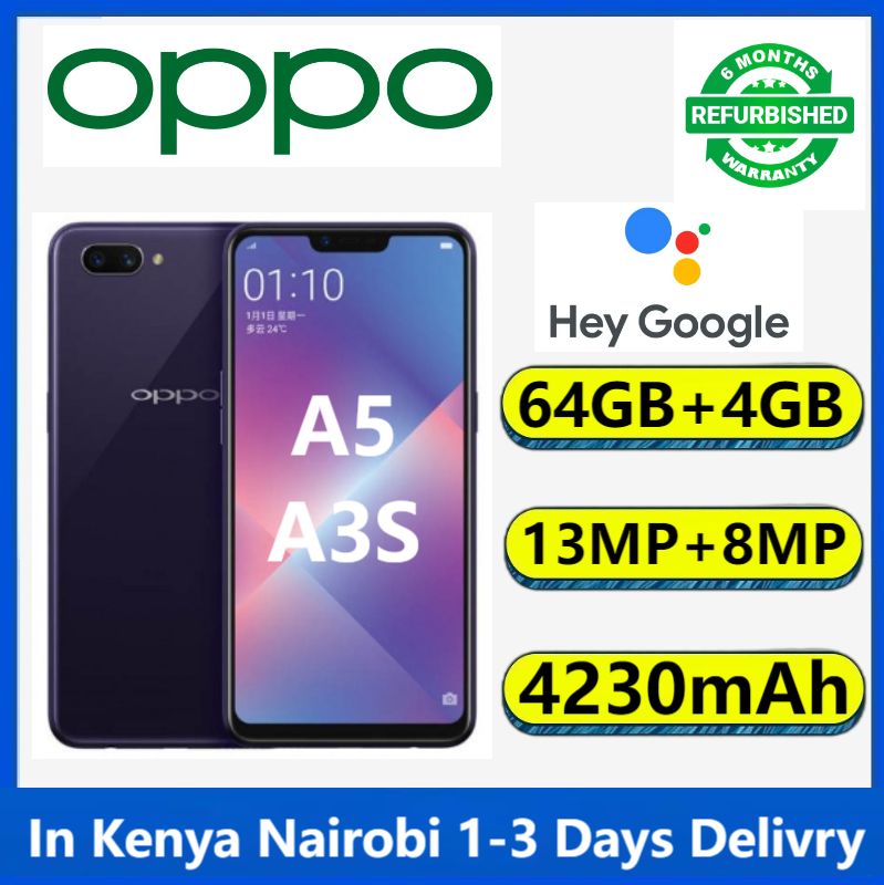 Refurbished oppo A5 /A3s Ram 4GB+Rom 64GB, Smartphone Android LTE Phone, 6.2 Inch Screen, Front 8mp, Rear 13mp + 2MP Camera, Face Unlock, 4230mah Battery, Octa Core Dual SIM Smartphone