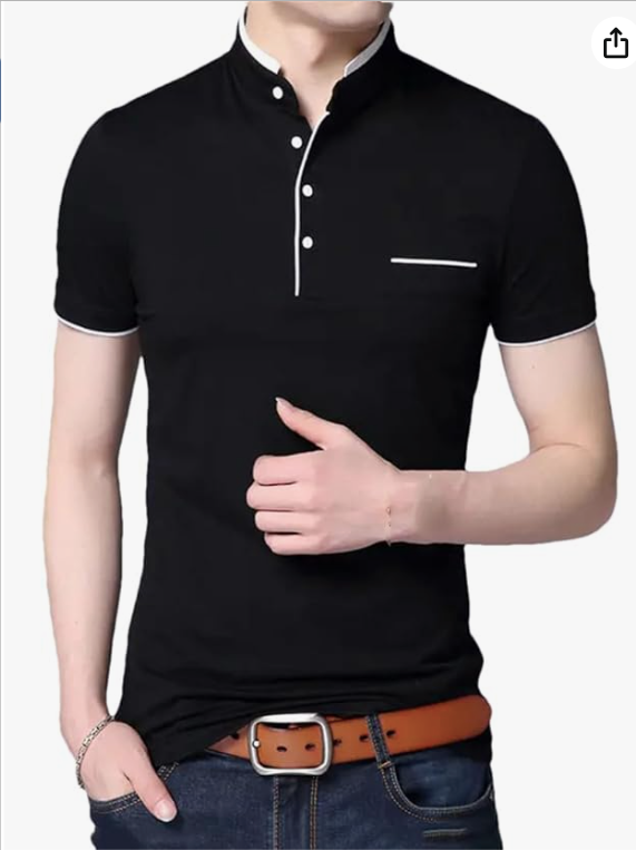 Black Chinese XL- Round Neck Collar T-shirt: Casual, Non-Fading, Short Sleeved Cotton