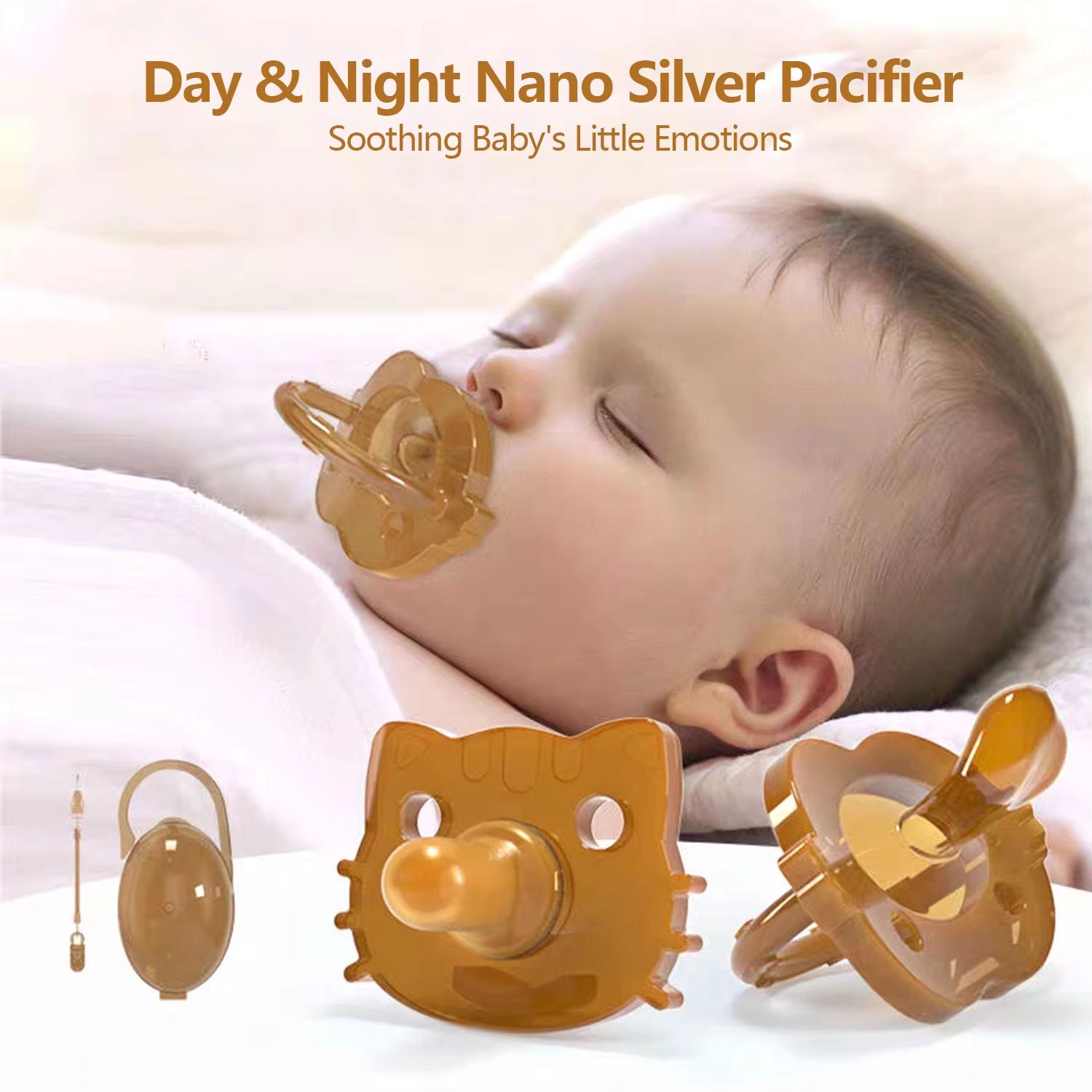 New Creative Silicone Bear Pacifier Day Round Head Night Flat Head Storage Box Chain Baby Teether Toys Newborn Pacifier Breastmilk-like design No crying for baby