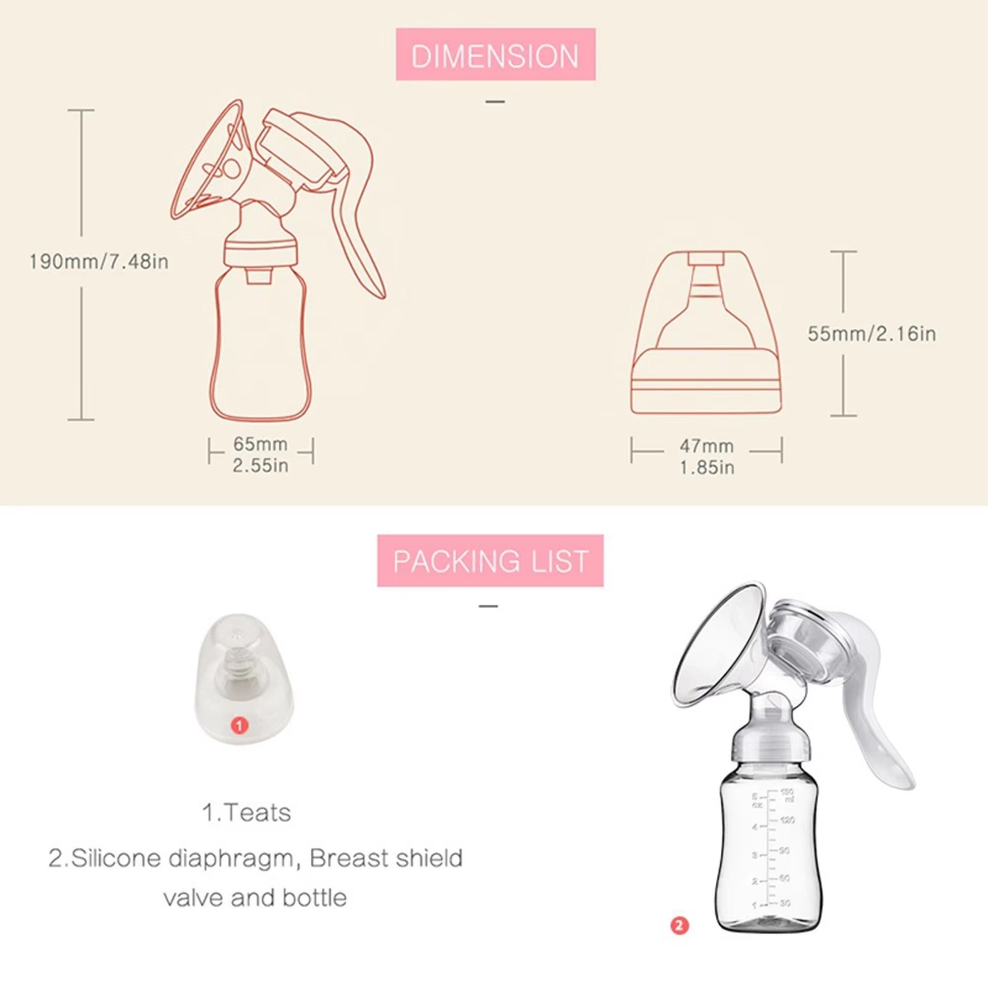 Manual breast pump, dual-purpose for both bottle and breast milk storage cup, preferred for breastfeeding mothers