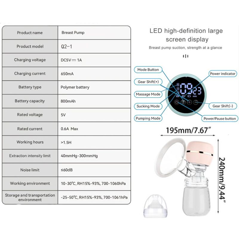 Electric Breast Pump Breast Pump with LED Screen Milk Puller for Breastfeeding Low Noise with 180ml Milk Bottle BPA-free