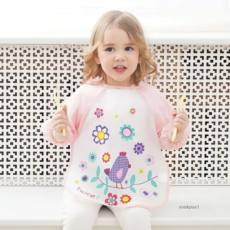 0-3 Years Baby EVA Waterproof Anti-dirty Bib Long Sleeve Strap Coat Dirt Proof Soft Feeding Bib Cute Cartoon Pattern Burp Cloths