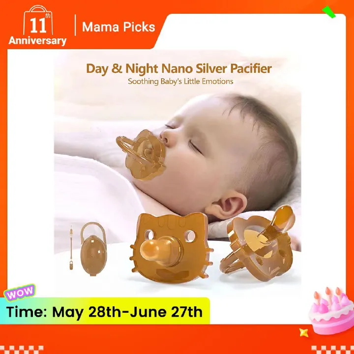 New Creative Silicone Bear Pacifier Day Round Head Night Flat Head Storage Box Chain Baby Teether Toys Newborn Pacifier Breastmilk-like design No crying for baby