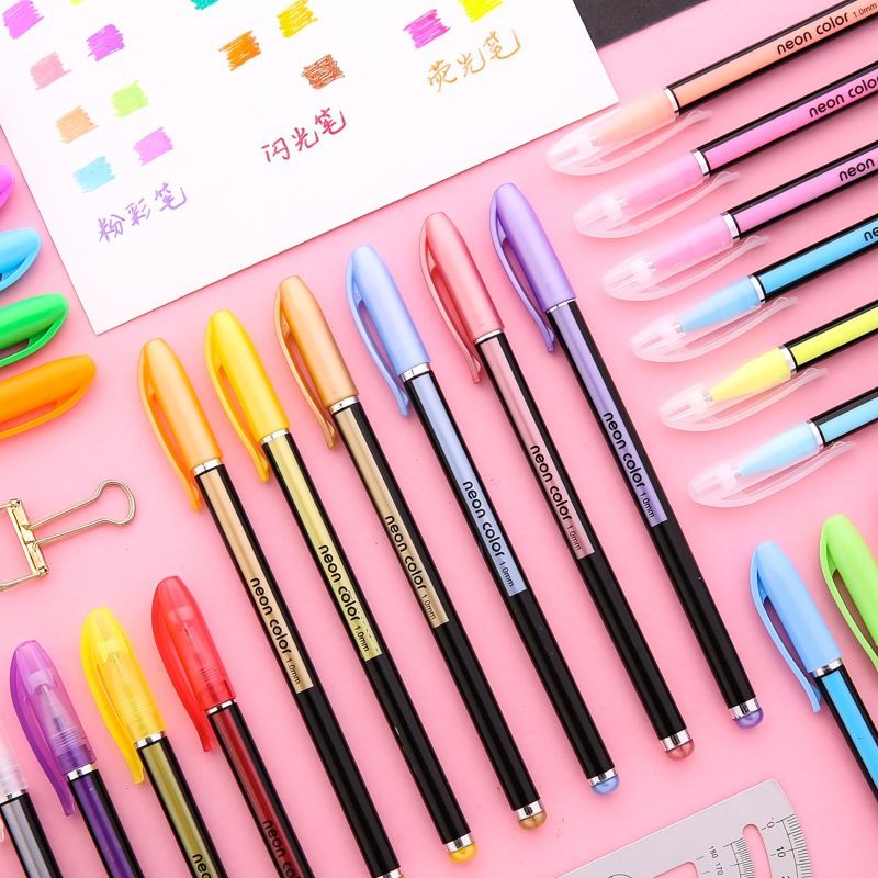 24/12 Colors Glitter Highlighter Set Fine Point Marker Pen Art Stationery Supplies for Doodling Scrapbooking Drawing Writing Sketching