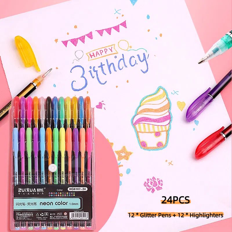 24/12 Colors Glitter Highlighter Set Fine Point Marker Pen Art Stationery Supplies for Doodling Scrapbooking Drawing Writing Sketching