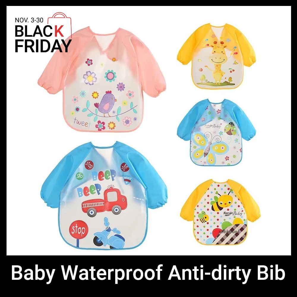 0-3 Years Baby EVA Waterproof Anti-dirty Bib Long Sleeve Strap Coat Dirt Proof Soft Feeding Bib Cute Cartoon Pattern Burp Cloths