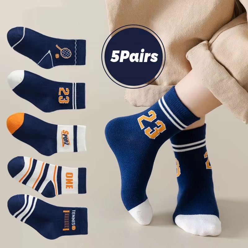 5 Pairs Children's Socks Boys' Mid Tube Socks Spring Autumn Cotton Socks Kids Boys Sport Sock 0-14Year Baby Cartoon Letter Pattern