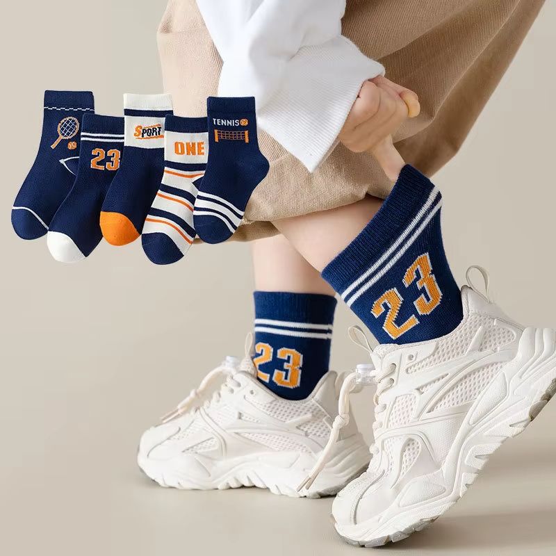 5 Pairs Children's Socks Boys' Mid Tube Socks Spring Autumn Cotton Socks Kids Boys Sport Sock 0-14Year Baby Cartoon Letter Pattern