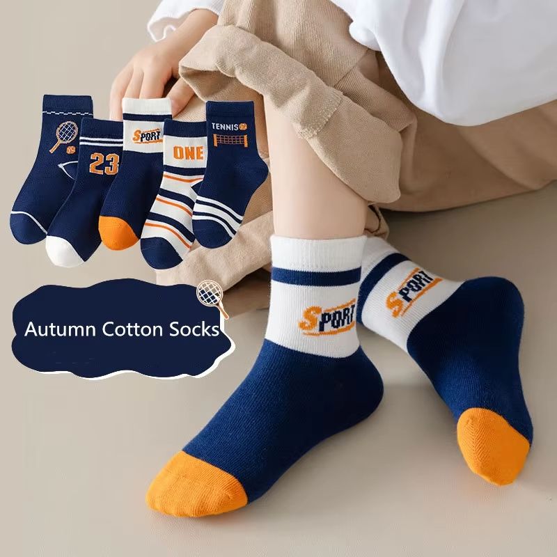 5 Pairs Children's Socks Boys' Mid Tube Socks Spring Autumn Cotton Socks Kids Boys Sport Sock 0-14Year Baby Cartoon Letter Pattern