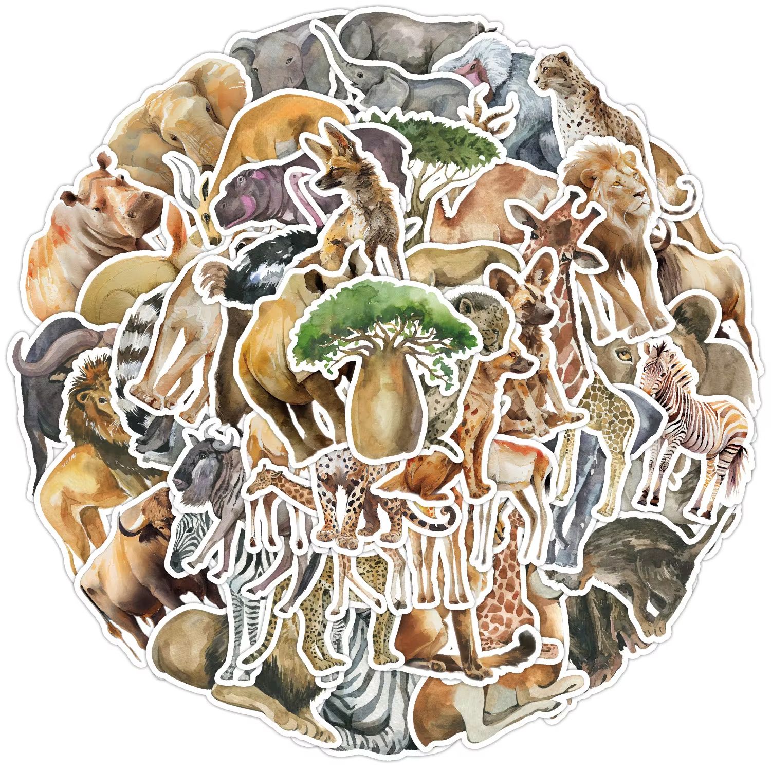 50pcs Funny Watercolor Cartoon African Animal Stickers Skateboard Laptop Fridge Motorcycle Phone Car Cool Waterproof Graffiti Sticker Toys