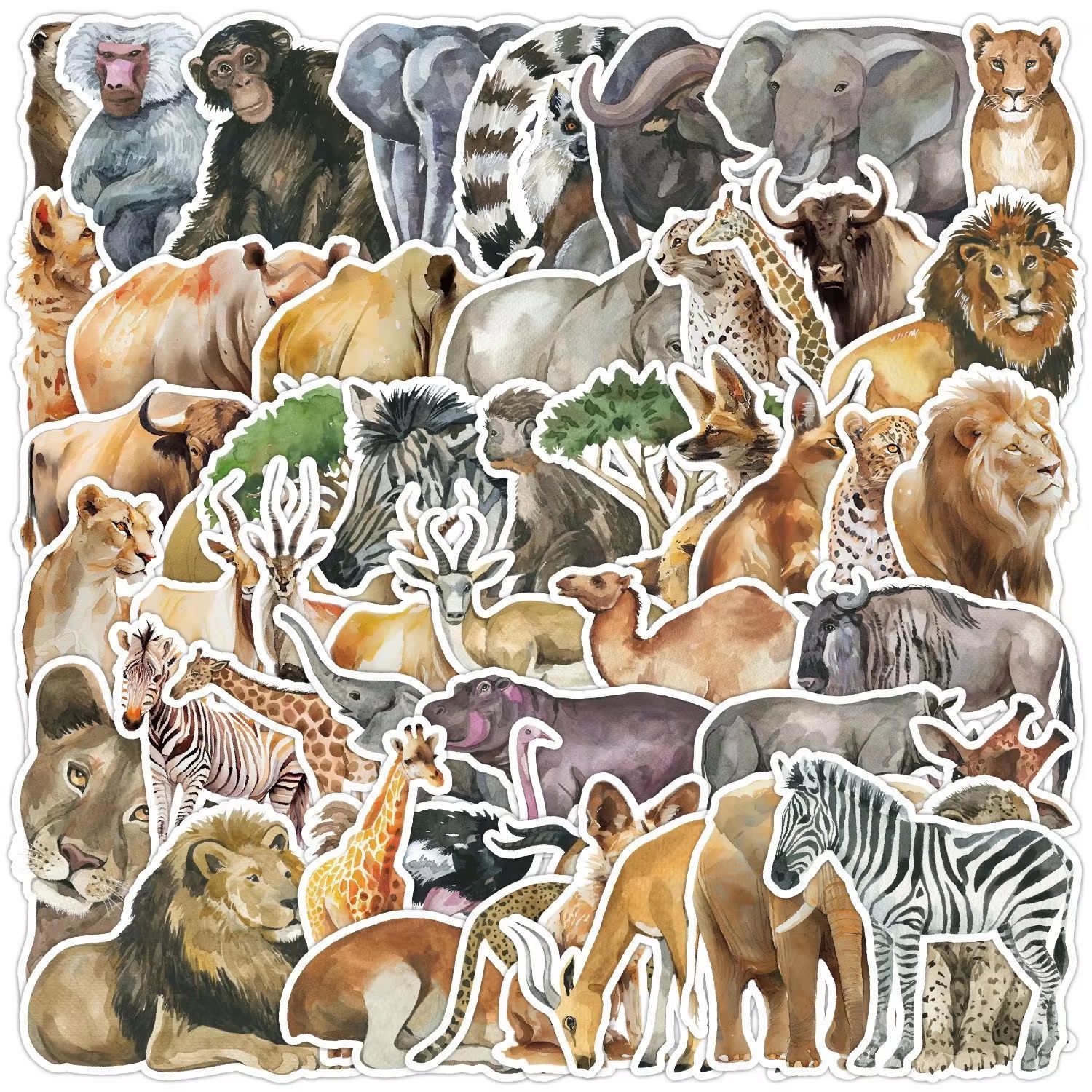 50pcs Funny Watercolor Cartoon African Animal Stickers Skateboard Laptop Fridge Motorcycle Phone Car Cool Waterproof Graffiti Sticker Toys