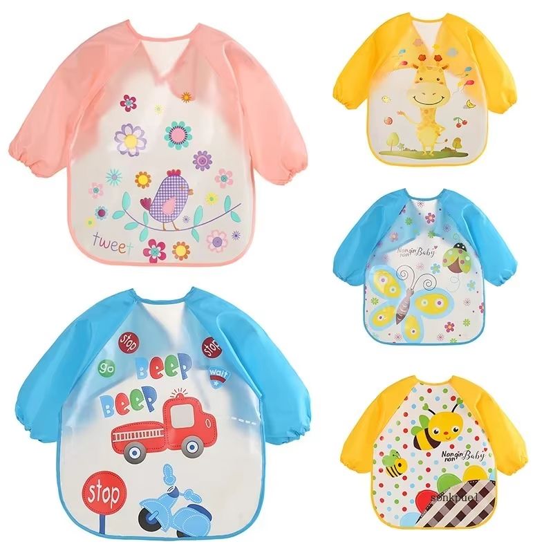 0-3 Years Baby EVA Waterproof Anti-dirty Bib Long Sleeve Strap Coat Dirt Proof Soft Feeding Bib Cute Cartoon Pattern Burp Cloths