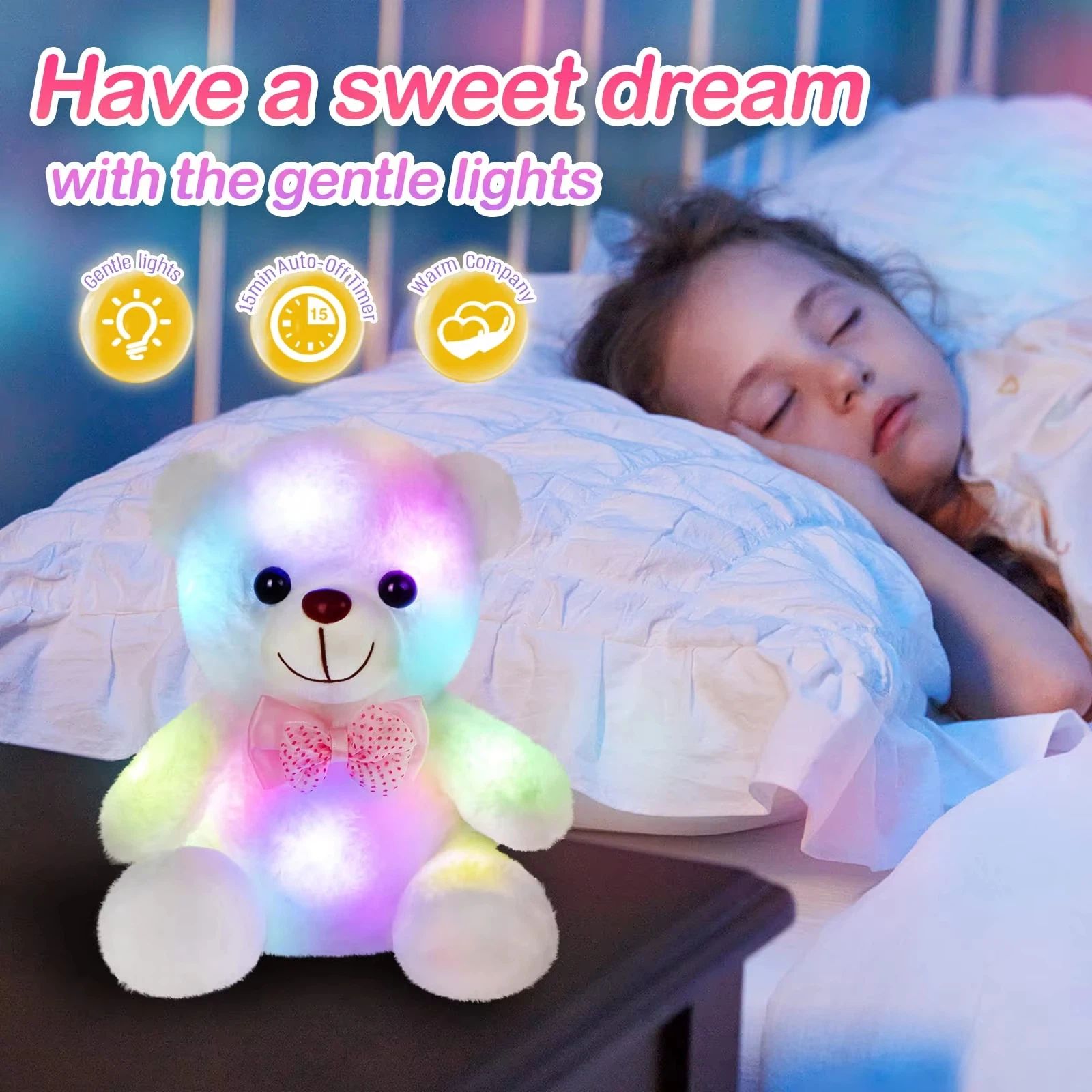 LED Light Up Bear Toy 22cm Creative Glow Teddy Bear Plush Toy Battery Operated Soft Stuffed Bear for Birthday Children's Day Valentines Day Gifts