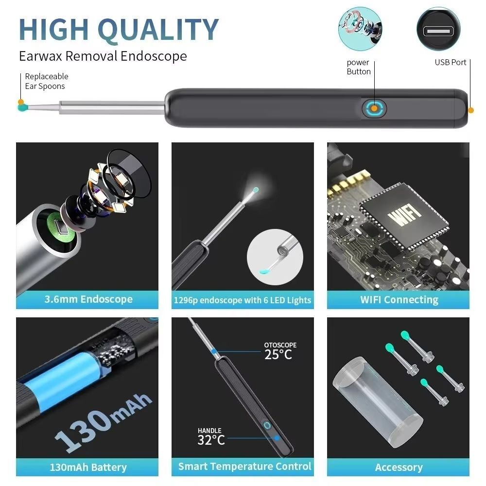 Soft Silicone HD Smart Wireless Visual Ear Cleaning Tool with Camera and LED Light Otoscope Tip Earwax Cleaner for Children and Adults