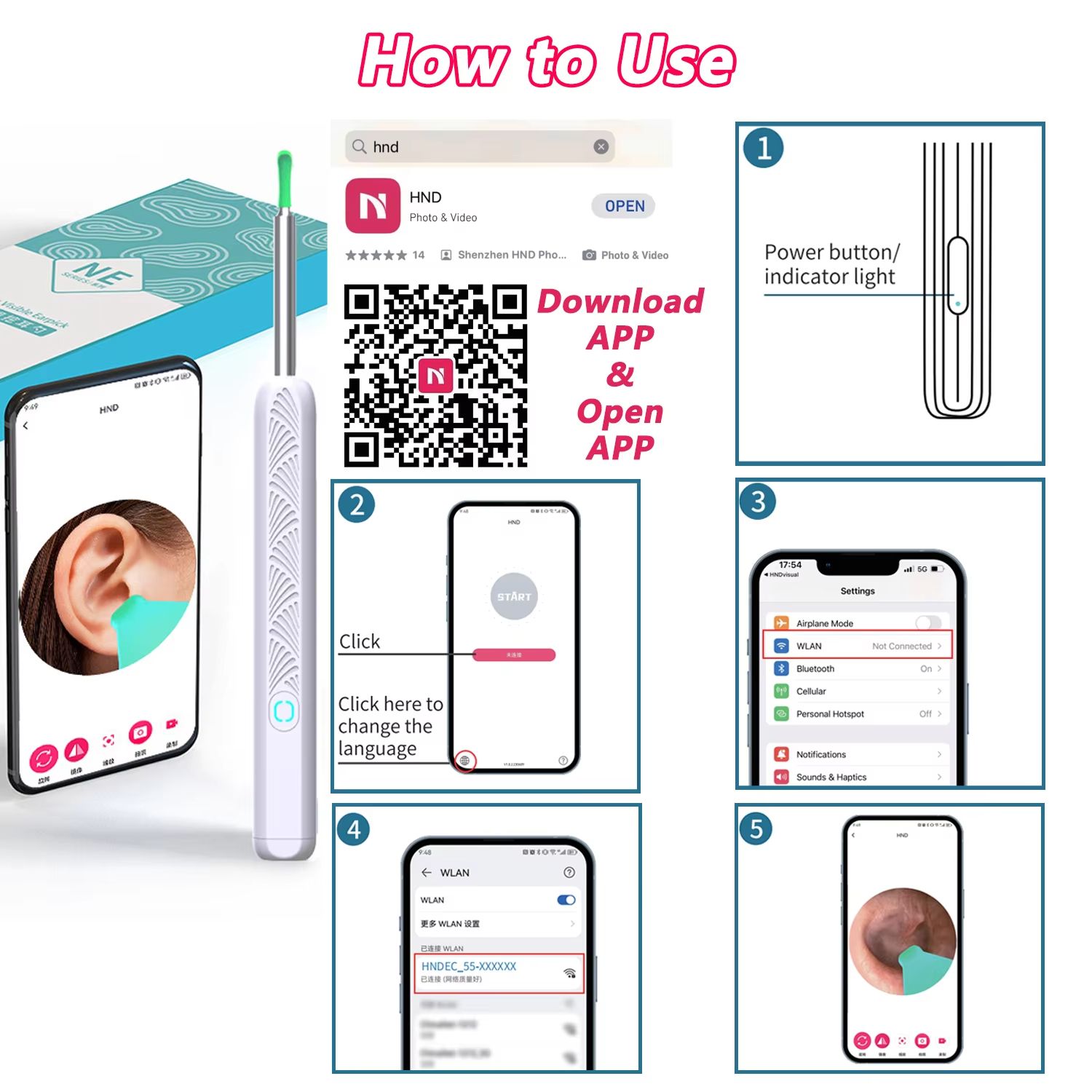 Soft Silicone HD Smart Wireless Visual Ear Cleaning Tool with Camera and LED Light Otoscope Tip Earwax Cleaner for Children and Adults