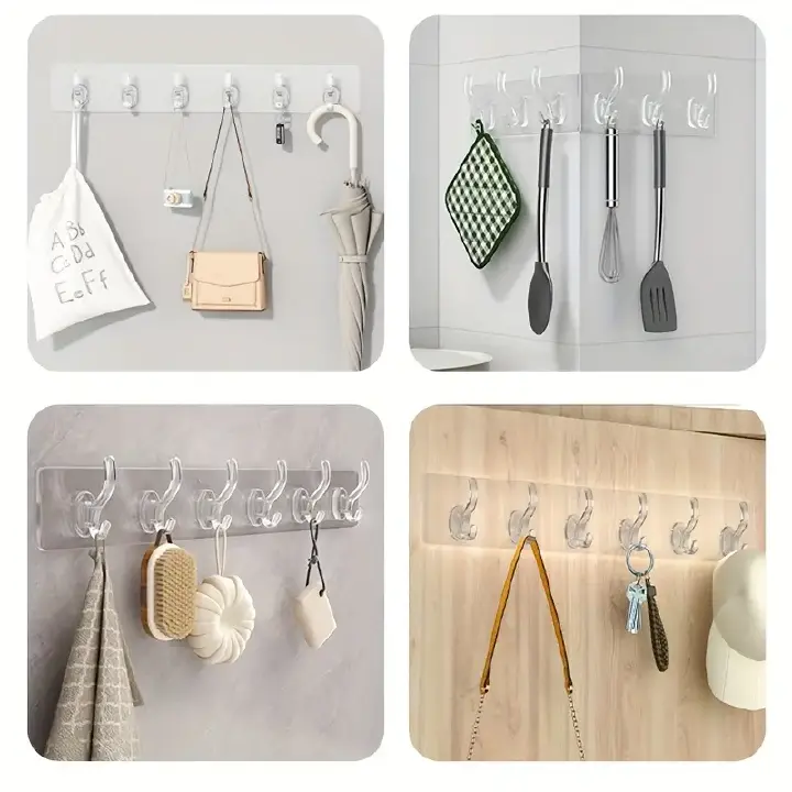 1pc Fashion Transparent Wall-Mounted Coat Hooks Plastic Self-Adhesive 6-Hook Rack For Hanging Clothes Towels Keys In Kitchen Bedroom Bathroom Living Room