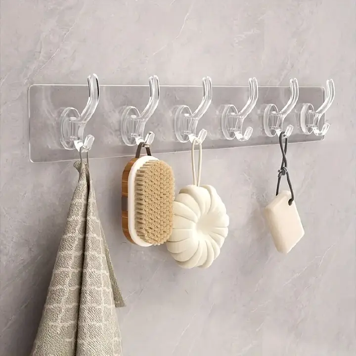 1pc Fashion Transparent Wall-Mounted Coat Hooks Plastic Self-Adhesive 6-Hook Rack For Hanging Clothes Towels Keys In Kitchen Bedroom Bathroom Living Room