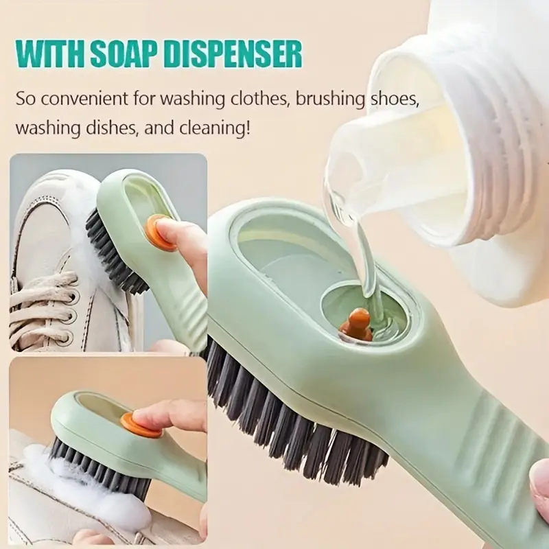 1pc Multifunctional Shoe Cleaning Brush with Built-in Soap Dispenser, Soft Bristle Long Handle Shoe Brush for Household Use, No Power Required, Ideal for Living Room and Bathroom