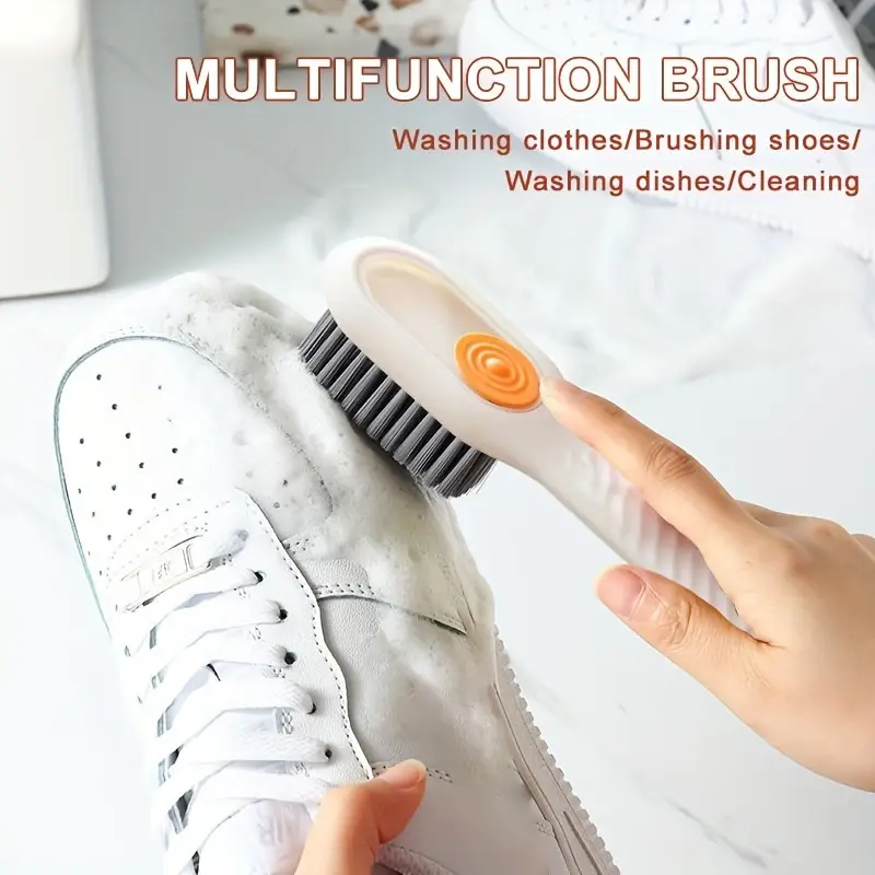 1pc Multifunctional Shoe Cleaning Brush with Built-in Soap Dispenser, Soft Bristle Long Handle Shoe Brush for Household Use, No Power Required, Ideal for Living Room and Bathroom