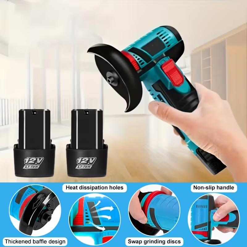 12V 3-inch brush-type mini angle grinder, rechargeable electric manual grinder, with a rotational speed of 19500 rpm. Mini angle grinder, sanding machine, electric tool, equipped with two batteries an