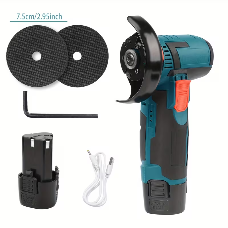 12V 3-inch brush-type mini angle grinder, rechargeable electric manual grinder, with a rotational speed of 19500 rpm. Mini angle grinder, sanding machine, electric tool, equipped with two batteries an