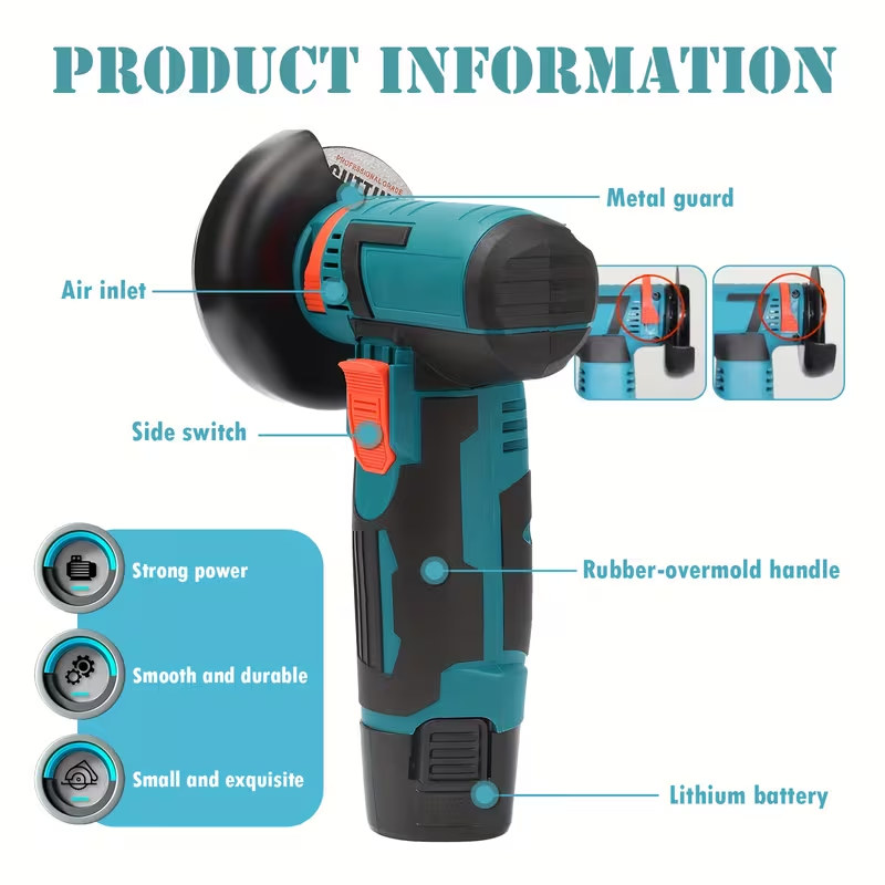 12V 3-inch brush-type mini angle grinder, rechargeable electric manual grinder, with a rotational speed of 19500 rpm. Mini angle grinder, sanding machine, electric tool, equipped with two batteries an