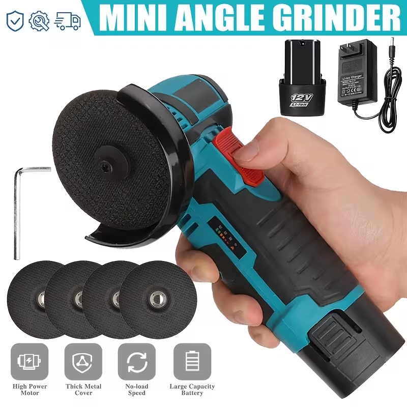 12V 3-inch brush-type mini angle grinder, rechargeable electric manual grinder, with a rotational speed of 19500 rpm. Mini angle grinder, sanding machine, electric tool, equipped with two batteries an